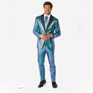 OppoSuits Fancy Fish Suit Set Jacket Pant Tie Slim Fit Size 38 Metallic